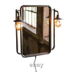 Large 29 Inch Metal Lighted Vanity Mirror Two Vintage Style Wall Lamps