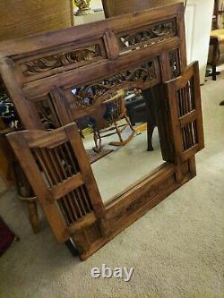 Large 31 x 35 Vintage Hand Carved Wood Wall Hall Mirror with Shutter Doors