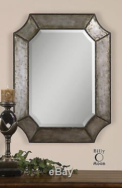 Large 32 Distressed Aluminum Beveled Wall Vanity Mirror Antiqued Frame Vintage