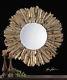 Large 43 Forged Hammered Aged Gold Leaf Metal Round Beveled Sun Wall Mirror