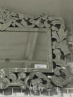 Large 47 Ornate Beveled Venetian Buffet Wall Mirror with Etched Floral Accents