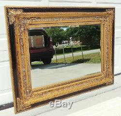 Large 50 Ornate Gold & Mahogany Carved Wood Gesso Beveled Hanging Wall Mirror