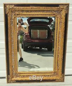 Large 50 Ornate Gold & Mahogany Carved Wood Gesso Beveled Hanging Wall Mirror