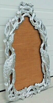 Large 52 Ornate Carved Wood Figural Bird Heron Crane Silver Wall Mirror Frame