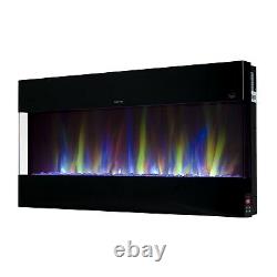 Large 60 Electric Wall Mounted Fireplace Suite Black Glass Mirrored LED Flame