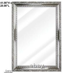 Large Accent Wall Mirror Silver Vintage Look Bevel Framed Bathroom Bedroom Decor