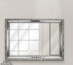 Large Accent Wall Mirror Silver Vintage Look Bevel Framed Bathroom Bedroom Decor