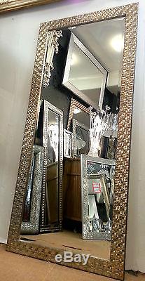 Large Antique Silver Mosaic Wood Frame Wall Mirror Bevelled Edge 167x76cm