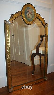 Large Antique Venetian Style Beveled Wall Mirror With Floral Etched Glass