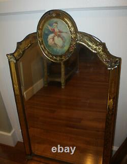Large Antique Venetian Style Beveled Wall Mirror With Floral Etched Glass