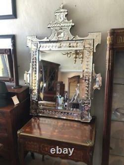 Large Antique Venetian Style Beveled Wall Mirror with Floral Etched Glass