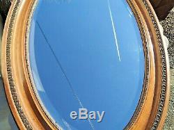 Large Antique Vintage Wall Hanging Oval Bevelled Mirror Ornate Wooden Frame