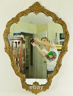 Large Antique/Vtg 36 Ornate Gold Wood & Gesso FLOWERS Hanging Wall Mirror