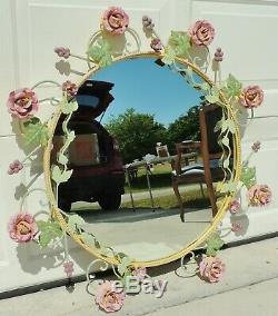 Large Antique/Vtg 38 Ornate Italian Tole Toleware Pink ROSES Wall Mirror ITALY