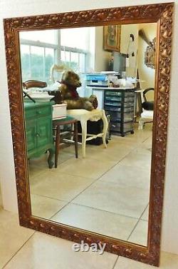 Large Antique/Vtg 47 J. A. OLSON Copper Gold Wood & Gesso Hanging Wall Mirror