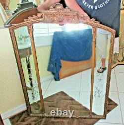 Large Antique Wall Mirror Etched Glass 3 Panels Ornate