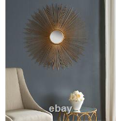 Large Antiqued Gold Sunburst Wall Mirror, Round withWire Spokes, Retro Boho Chic
