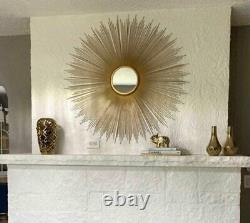 Large Antiqued Gold Sunburst Wall Mirror, Round withWire Spokes, Retro Boho Chic