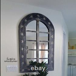 Large Arched Window Mirror Rustic Wood Frame Wall Hanging Art Decor Antique Look