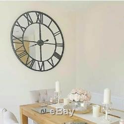 Large Black Clock Mirrored Wall Mounted Metal Glass Hallway Kitchen Home Chic