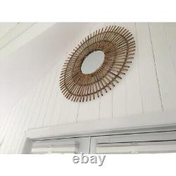 Large Boho Sunburst Round Wall Mirror Handmade Radial Rattan Frame Rustic Accent