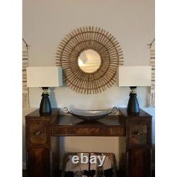 Large Boho Sunburst Round Wall Mirror Handmade Radial Rattan Frame Rustic Accent
