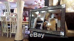 Large Crackle Wall Mirror Black Frame Silver Mosaic Glass Moroccan 120cmX80cm