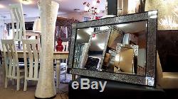 Large Crackle Wall Mirror Black Frame Silver Mosaic Glass Moroccan 120x80cm