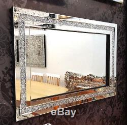 Large Crushed Diamond Crystal Glass Silver Frame Bevelled Wall Mirror 120x80cm