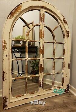 Large Distressed Rustic Vintage Farmhouse Arched Windowpane Wood Wall Mirror
