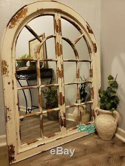 Large Distressed Rustic Vintage Farmhouse Arched Windowpane Wood Wall Mirror