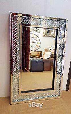 Large Floating Crystal Rectangle Wall Mirror Glass Diamond Frame 120x80cm Bling