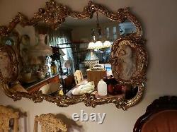 Large French Rococo Style Gold Wall Mirror with Bisque Figural Lovers Plaques