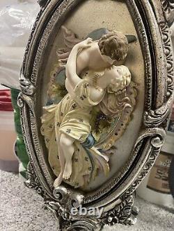 Large French Rococo Style Gold Wall Mirror with Bisque Figural Lovers Plaques VT