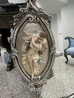 Large French Rococo Style Gold Wall Mirror with Bisque Figural Lovers Plaques VT