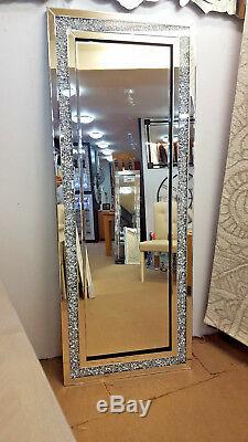 Large Gatsby Crushed Crystal Glass Silver Bevelled Wall Mirror 180x70cm