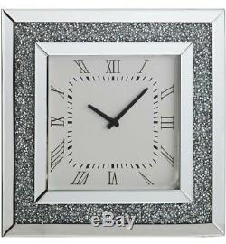 Large Gatsby Mirrored Glass Silver Crushed Diamond Crystal Wall Clock 50 x 50cm