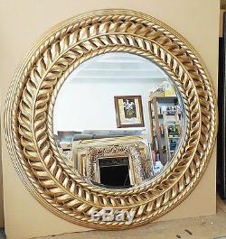 Large Gold Ornate Carved Hard Resin 47 Round Beveled Framed Wall Mirror