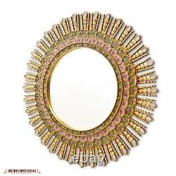 Large Green Sunburst Round Mirror Handpainted Glass Wood Mirror Wall from Peru