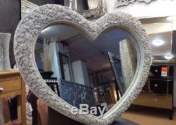 Large Heart Wall Mirror Ornate Antique Cream French Engrved Roses Glass 110X90cm