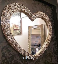 Large Heart Wall Mirror Ornate Champagne Silver French Engrved Roses 110X90cm