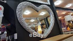 Large Heart Wall Mirror Ornate French Engrved Roses 110X90cm 43x35 Silver