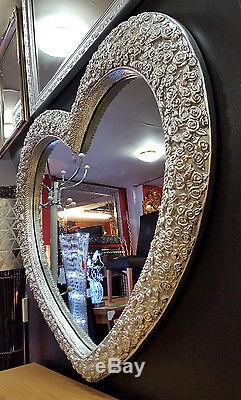 Large Heart Wall Mirror Ornate French Engrved Roses 110X90cm 43x35 Silver