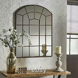 Large Heavy Arched Windowpane Wall Mirror Crowned Top Bronze Finish Metal Frame