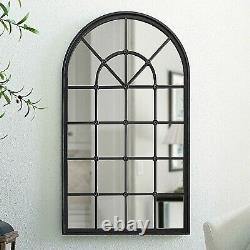 Large Heavy Black Arched Cathedral Windowpane Wall Mirror, Antiqued Finish Frame