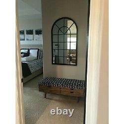 Large Heavy Black Arched Cathedral Windowpane Wall Mirror, Antiqued Finish Frame