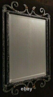 Large Heavy Brushed Metal Silver Tone Rectangular Framed Beveled Wall Mirror