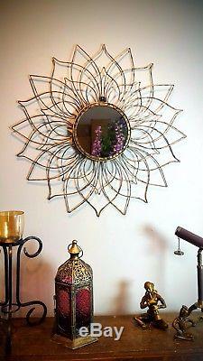 Large METAL Round Flower Wall Feature Mirror Antiqued Gold, Sun, Wire Petal 64cm