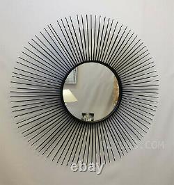 Large Metal Wire Frame Round Accent Wall Mirror Black Sunburst Design Retro 80cm