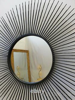 Large Metal Wire Frame Round Accent Wall Mirror Black Sunburst Design Retro 80cm